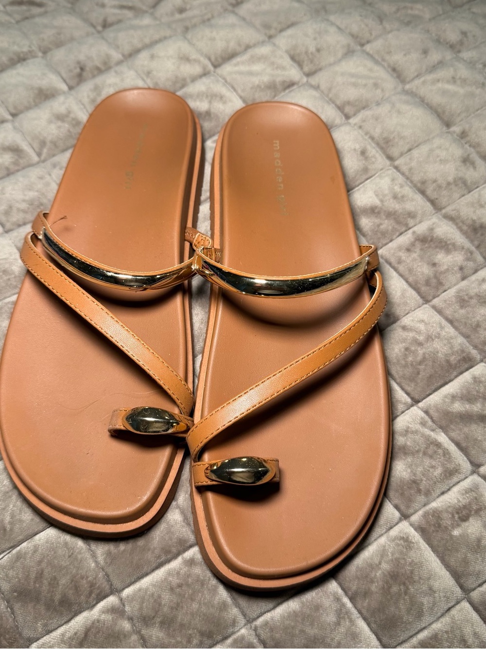Madden Girl Tan Slide Sandals with Gold Accents